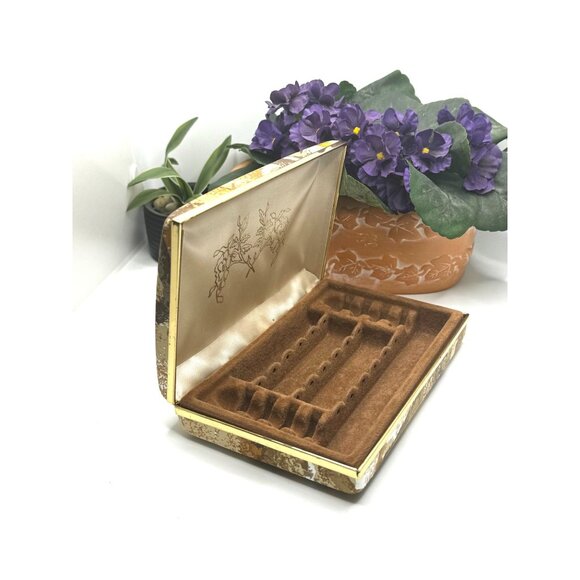 Vintage Gold & Brown Velvet Lined Hinged Jewelry Case With Floral Interior Desig - Picture 3 of 6